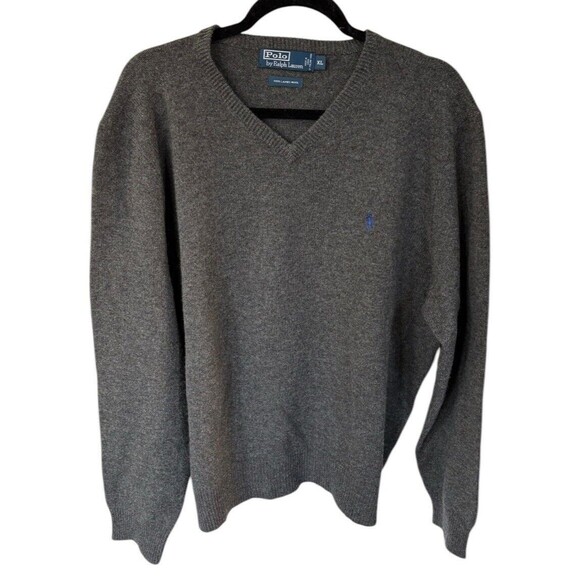Polo Ralph Lauren V-Neck 100% Lambs Wool Men's‎ Sweater XL Charcoal Gray Preppy - Picture 1 of 4
